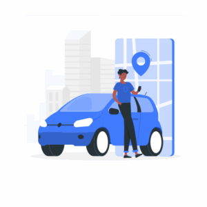 tcm-gestion-mobilite-flotte-optimisation.webp Illustration d’un conducteur utilisant une application mobile devant un véhicule, symbolisant la gestion du TCM, des déplacements et de la mobilité d’une flotte automobile.