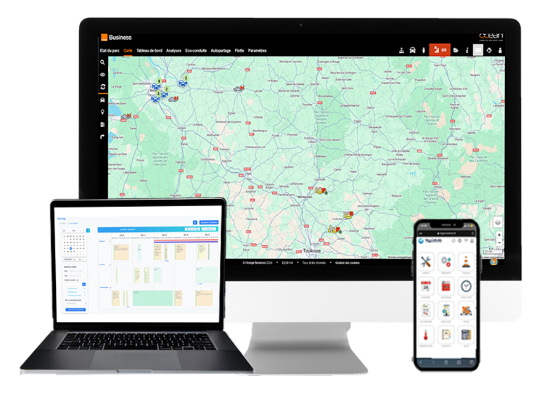 Interface de la solution de télématique embarquée d’Océan affichée sur ordinateur, mobile et tablette pour la gestion des flottes de déménagement.