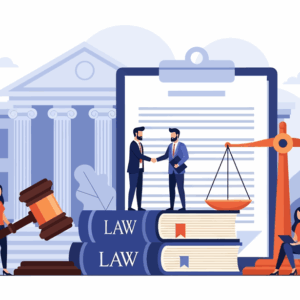 Illustration juridique avec contrat, balance et livres de loi représentant la loi de roulage dans un contrat LLD.