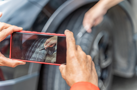 Conducteur prenant une photo de l’état des pneus d’un véhicule, illustrant la fonctionnalité d’état des lieux avec photos du module d’autopartage Océan.
