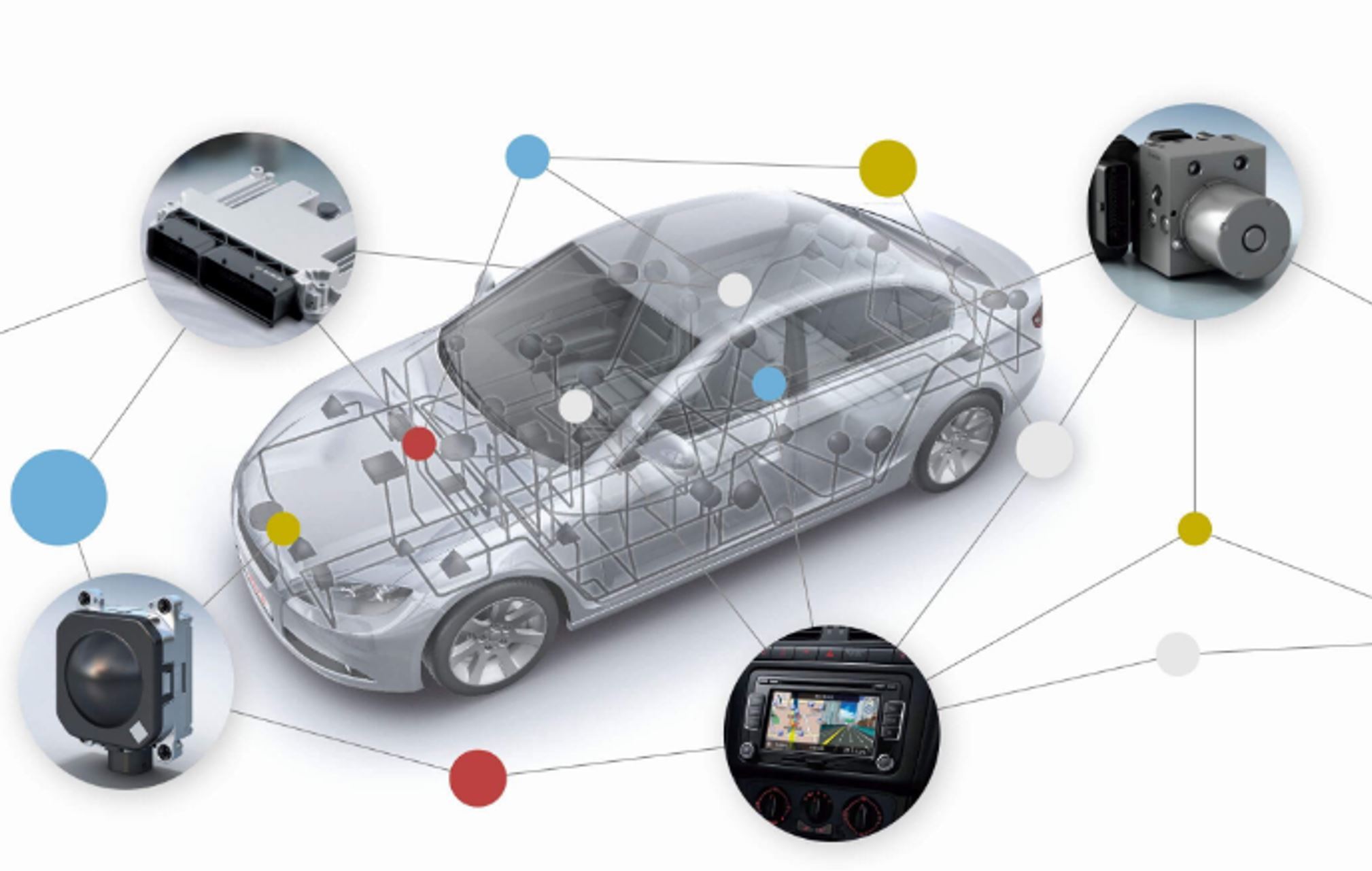 Schéma d’un véhicule connecté illustrant le réseau CAN Bus et la communication entre les différents capteurs et modules électroniques.