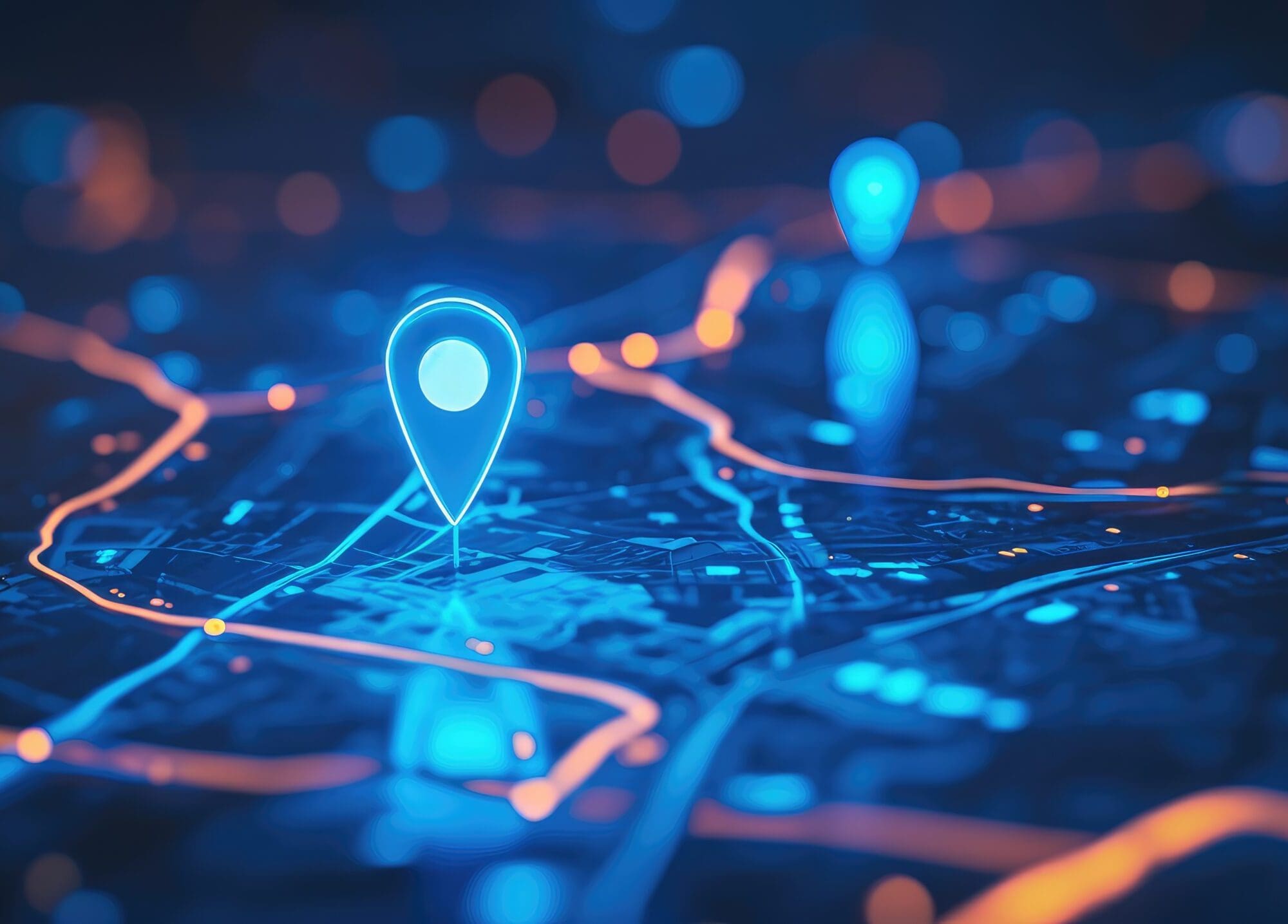 Carte numérique avec des repères GPS lumineux symbolisant la géolocalisation en temps réel des véhicules d’une flotte.