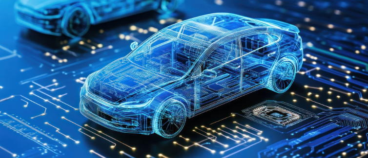 Modélisation numérique d’un véhicule électrique connecté illustrant la gestion optimisée des flottes grâce à l’analyse des données et à la maintenance prédictive.