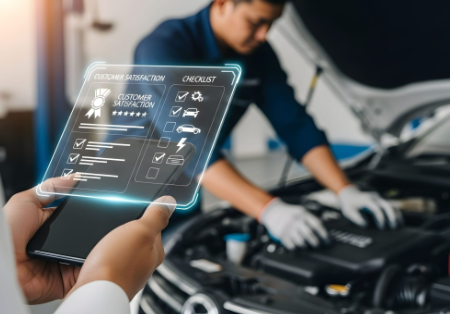 Technicien effectuant la maintenance d’un véhicule pendant qu’un responsable consulte sur tablette les données connectées et les indicateurs de satisfaction client.