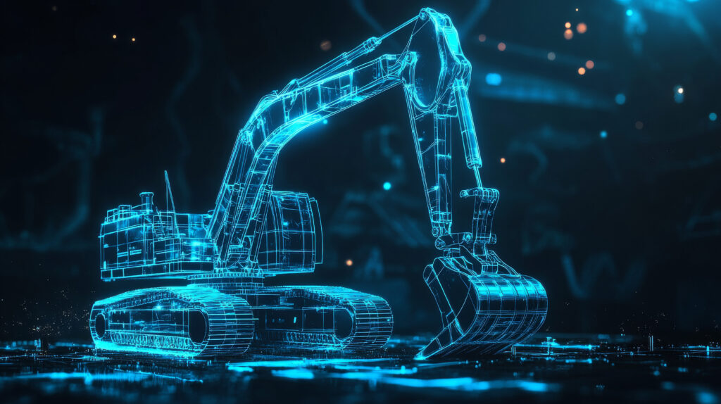 A blue 3D excavator stands out against a dark background. This image represents a digital service for tracking and managing cargo deliveries.