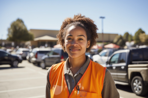 Conductrice de chantier souriante portant un gilet orange, symbolisant la gestion de flotte optimisée dans le secteur du BTP et du transport avec Océan.