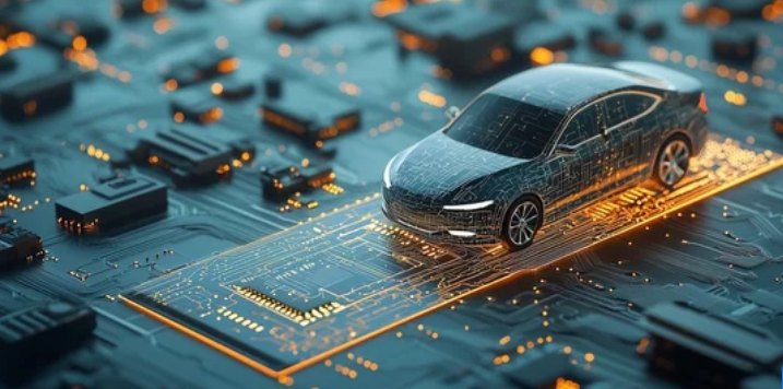 telematique-embarquee-gestion-flotte-vehicule-connecte.webp Voiture connectée sur fond de circuit électronique illustrant la télématique embarquée et la gestion intelligente des flottes.