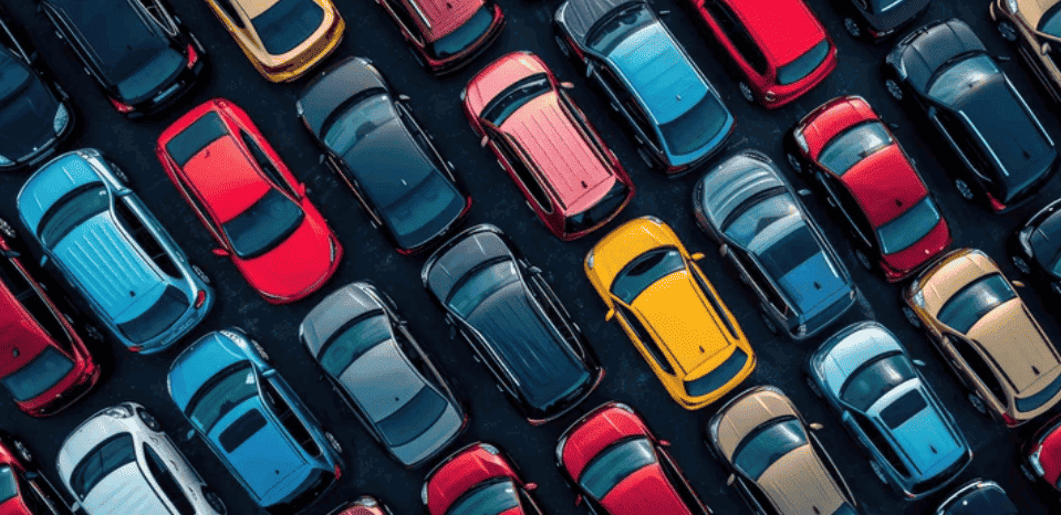 Vue aérienne de nombreux véhicules stationnés sur un parking, illustrant la sous-utilisation d’un parc automobile en entreprise.