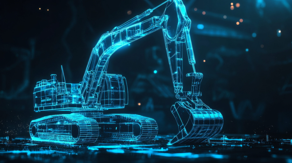 Illustration numérique d’un engin de chantier connecté symbolisant la maintenance préventive et prédictive des flottes avec la solution Océan.