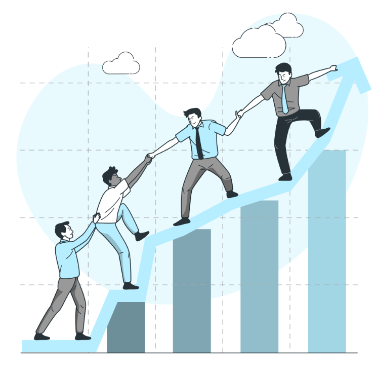 Illustration de collaborateurs s’entraidant pour gravir un graphique de croissance, symbolisant les efforts collectifs et les défis du verdissement des flottes automobiles.