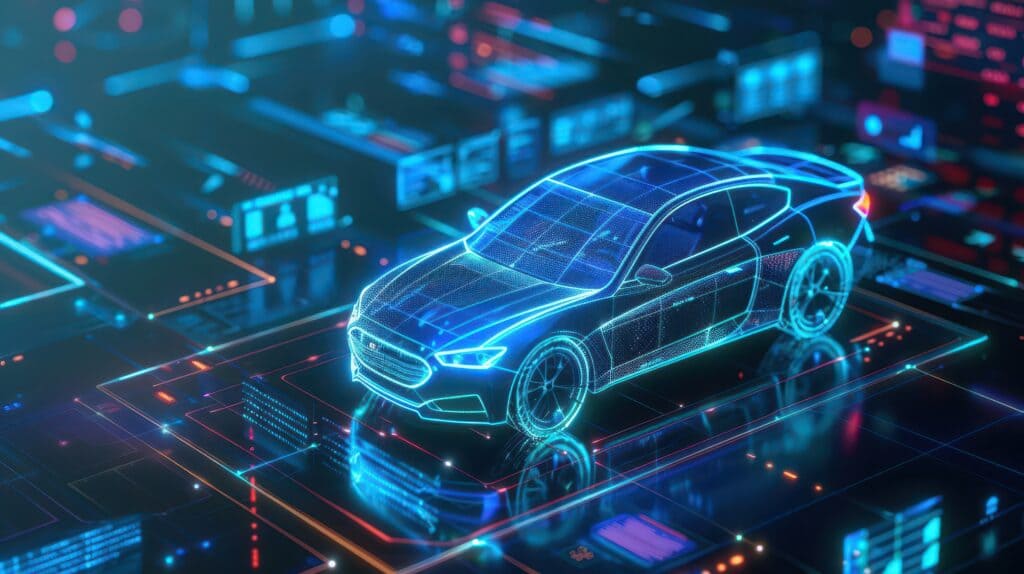 Illustration numérique d’une voiture connectée en 3D, représentant la collecte et l’analyse des données constructeurs pour la gestion de flotte automobile.