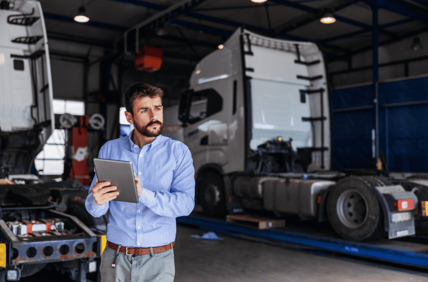 gestion-flotte-vehicules-industriels.png Gestionnaire de flotte dans un atelier utilisant une tablette pour le suivi des véhicules industriels.
