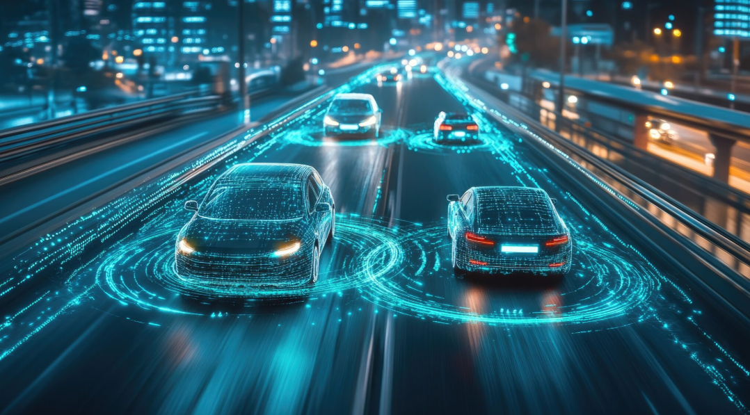 Illustration de véhicules connectés en mouvement, symbolisant l’autopartage et la gestion intelligente des flottes électriques pour les collectivités locales.