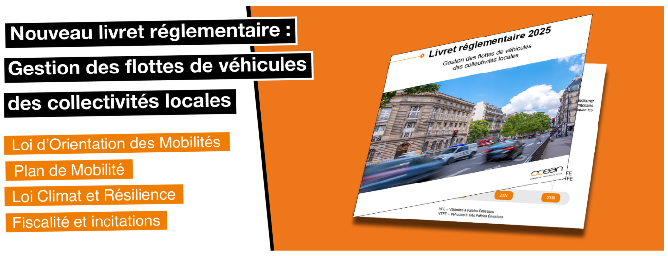 Couverture du livret réglementaire 2025 d’Océan sur la gestion et l’électrification des flottes de véhicules des collectivités locales, avec mentions des lois LOM, Climat et Résilience et Plan de Mobilité.