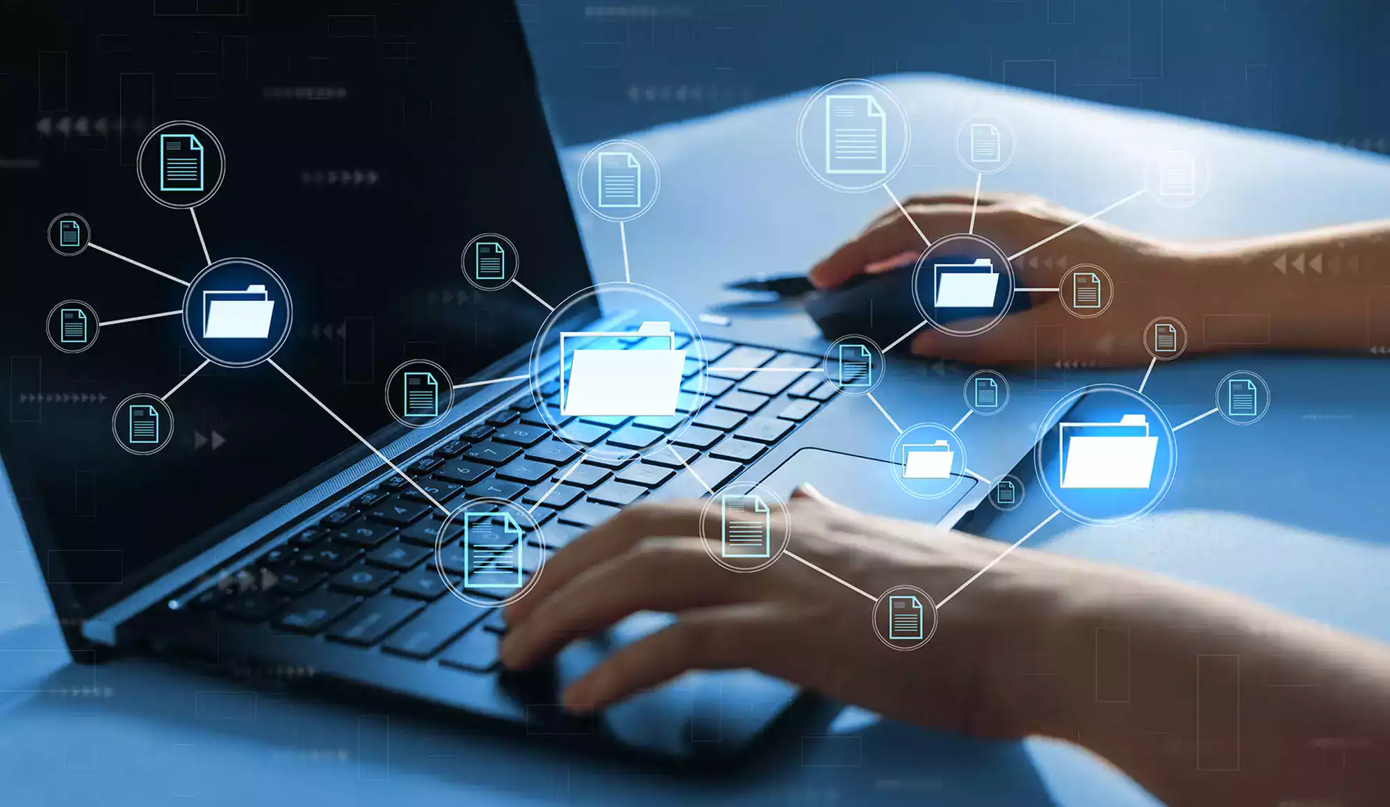 Interface de gestion numérique sur ordinateur portable représentant la centralisation et la sécurité des données d’entreprise.