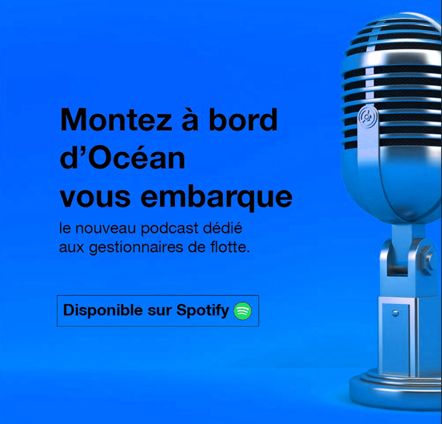 Visuel promotionnel du podcast d’Océan avec un micro et le message « Montez à bord, Océan vous embarque », disponible sur Spotify.