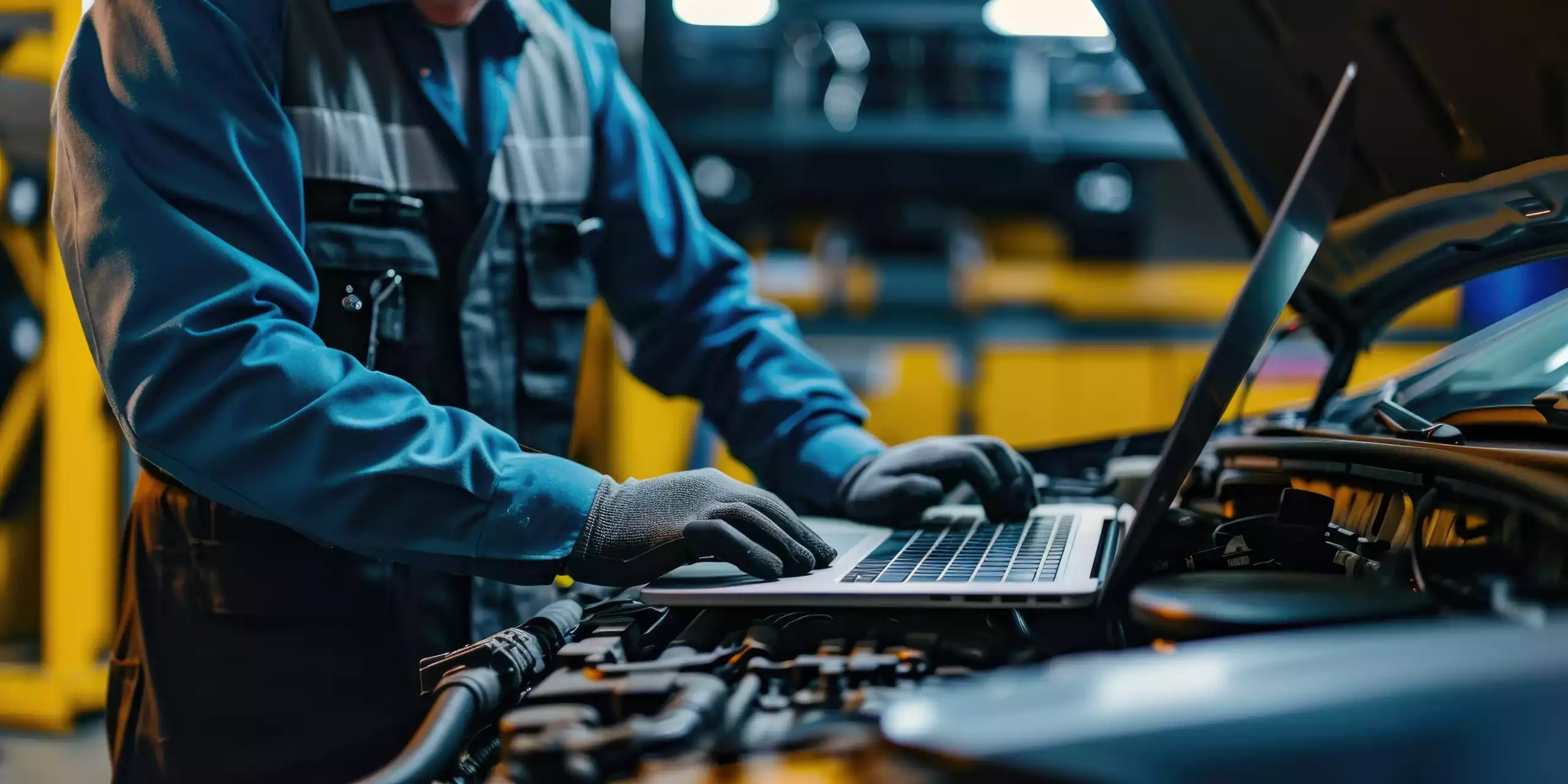 Technicien effectuant un diagnostic de véhicule à l’aide d’un ordinateur portable dans un atelier de maintenance automobile.