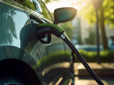 Voiture électrique en cours de recharge sur une borne, illustrant l’infrastructure de recharge pour flotte.