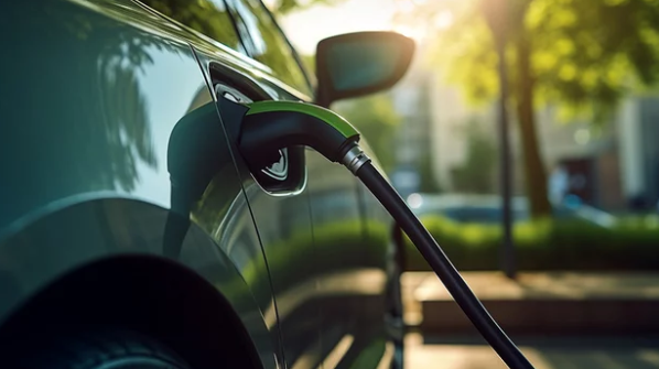 Voiture électrique en cours de recharge sur une borne, illustrant l’infrastructure de recharge pour flotte.