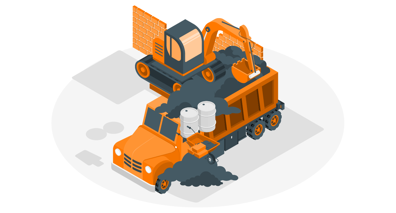 engins-chantier-suivi-connecte-ocean.webp Illustration d’engins de chantier connectés, avec une pelleteuse et un camion en activité sur un site de construction.