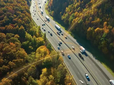 Vue aérienne d’une autoroute avec des véhicules connectés illustrant la géolocalisation en temps réel.