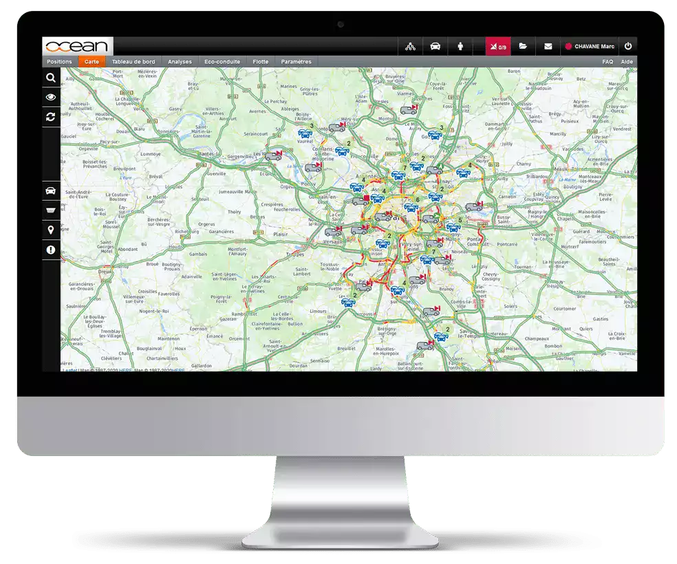logiciel-geolocalisation-flotte-entreprise-ocean.webp Écran d’ordinateur affichant la carte de géolocalisation des véhicules d’une flotte d’entreprise via la solution Océan.