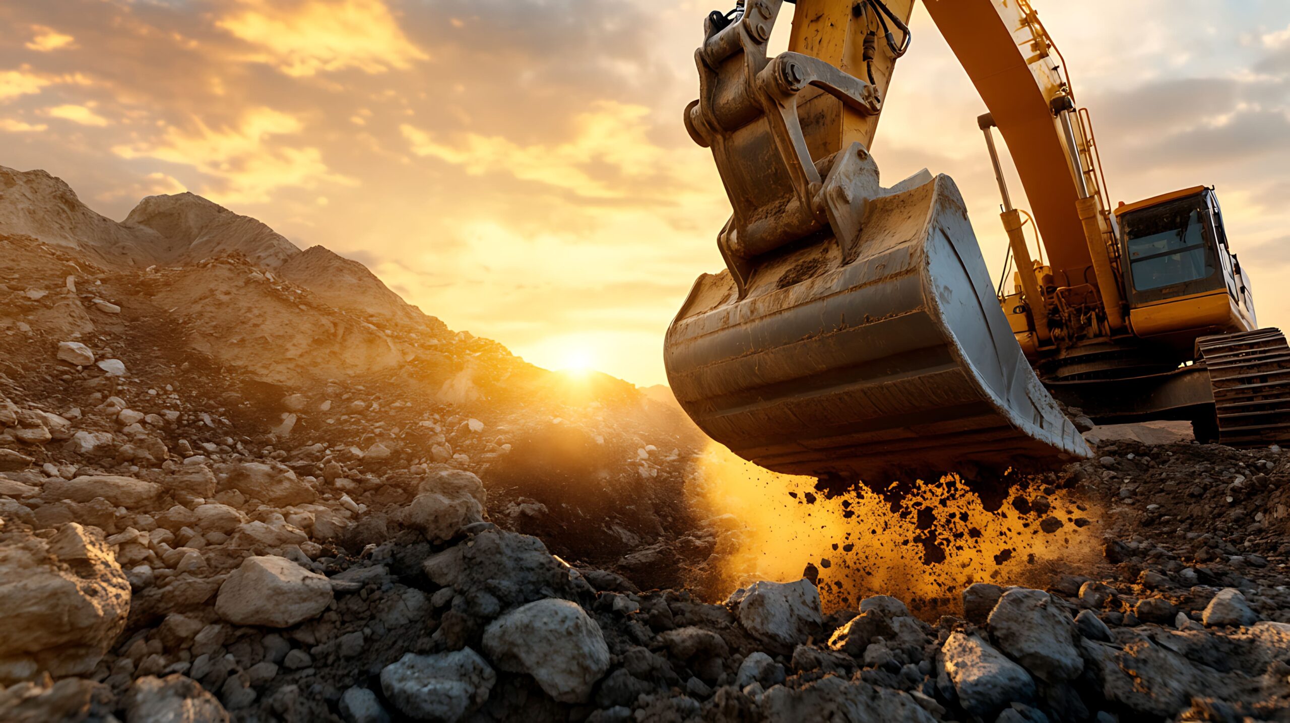 Pelle mécanique sur un chantier au lever du soleil, illustrant le suivi du temps de fonctionnement et l’optimisation du carburant des engins de chantier grâce aux solutions Océan.