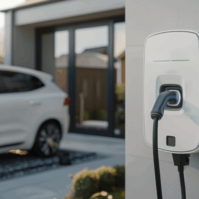 recharge-domicile-flotte-electrique.webp Voiture électrique en charge à domicile sur une borne murale, illustrant la recharge des véhicules attribués aux salariés.