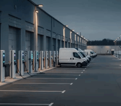 recharge-flotte-nuit-site-entreprise.webp Borne de recharge pour véhicules utilitaires électriques sur site d’entreprise, illustrant la recharge de nuit pour les véhicules attitrés.
