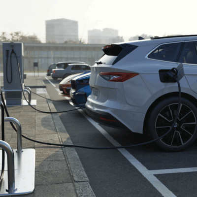 recharge-site-flotte-electrique.webp (2) Voiture électrique en charge sur une borne sur site professionnel, illustrant la gestion de la recharge pour les salariés sans trajets réguliers.