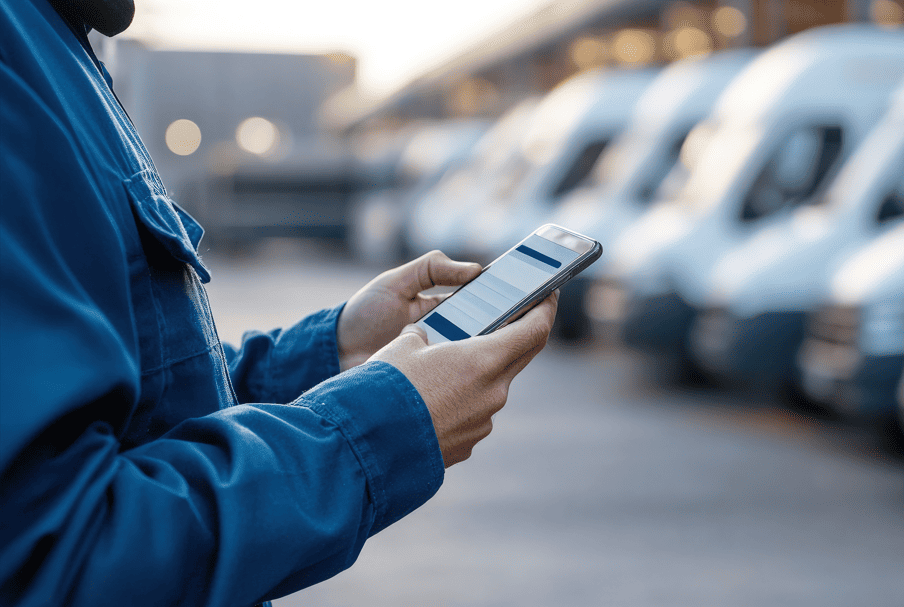 Utilisateur consultant une application mobile pour le suivi et la gestion d’une flotte de véhicules.