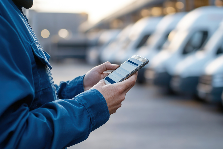 Conducteur utilisant la solution mobile Océan pour la gestion de flotte de véhicules, illustrant la satisfaction et la recommandation client.