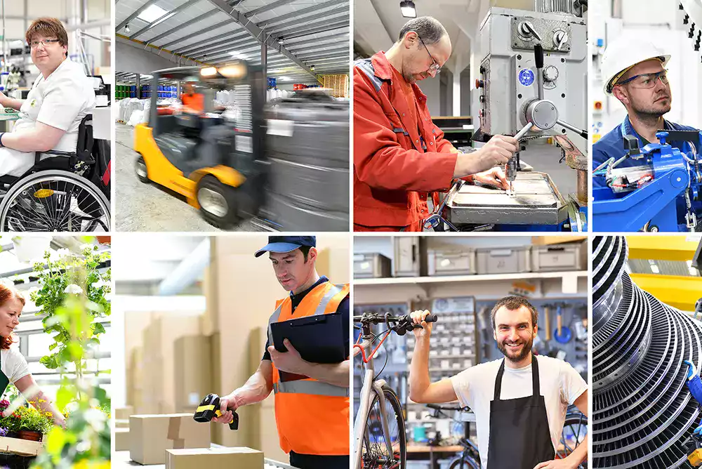 Collage d’images représentant différents secteurs d’activité : industrie, logistique, agriculture et services.