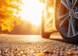 Voiture circulant sur une route bordée d’arbres en automne, symbolisant la mobilité durable et la transition énergétique des flottes de véhicules.