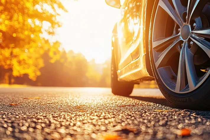 Voiture circulant sur une route bordée d’arbres en automne, symbolisant la mobilité durable et la transition énergétique des flottes de véhicules.