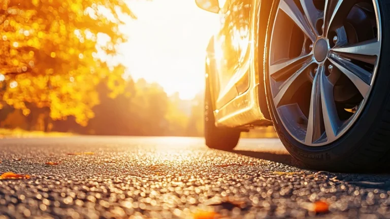 Voiture circulant sur une route bordée d’arbres en automne, symbolisant la mobilité durable et la transition énergétique des flottes de véhicules.