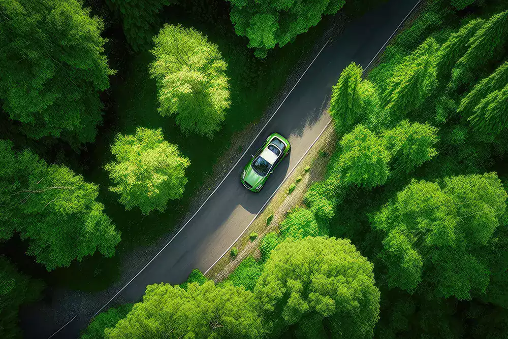 Voiture verte circulant sur une route entourée de forêt, symbolisant la transition écologique et la gestion durable des flottes d’entreprise.