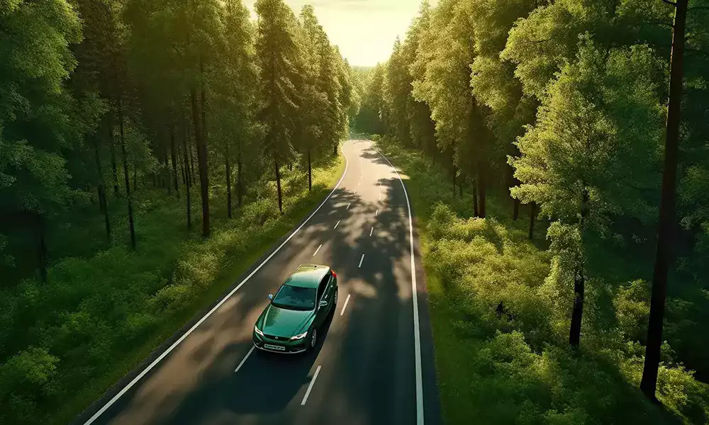 Voiture circulant sur une route entourée de forêt, symbolisant la mobilité durable et la transition énergétique vers des flottes plus vertes.