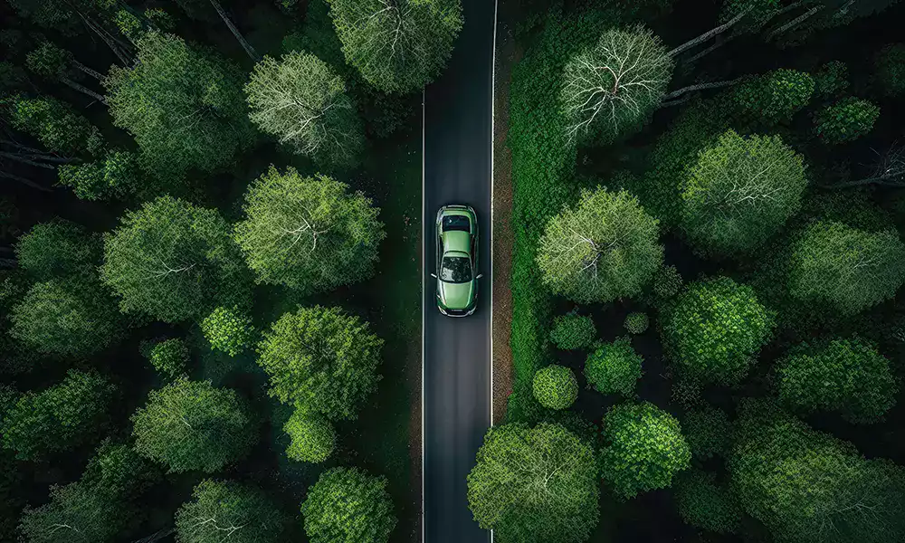 voiture-verte-route-foret-transition-ecologique-flotte-ocean.webp Voiture verte circulant sur une route au milieu d’une forêt, symbolisant la mobilité durable et la transition écologique.
