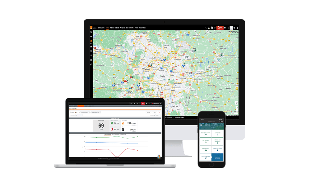 plateforme-gestion-flotte-geolocalisation-tableau-de-bord-ocean.png Interface de gestion de flotte Océan affichée sur ordinateur, tablette et smartphone avec carte de géolocalisation et indicateurs de performance.