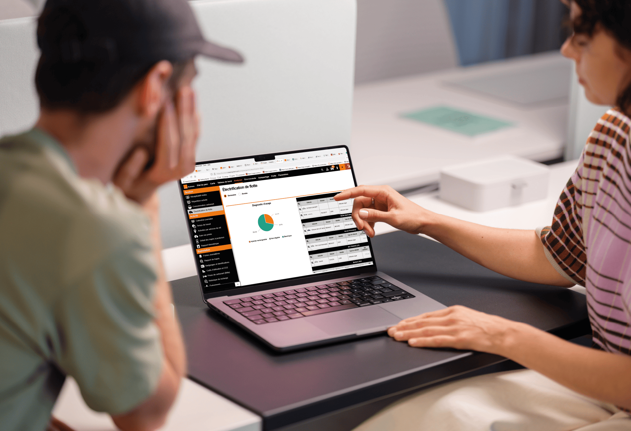 Deux personnes analysant un diagnostic d’électrification de flotte sur un ordinateur portable via la solution Océan.