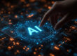 Main interagissant avec une interface d’intelligence artificielle sur fond de données numériques et circuits technologiques