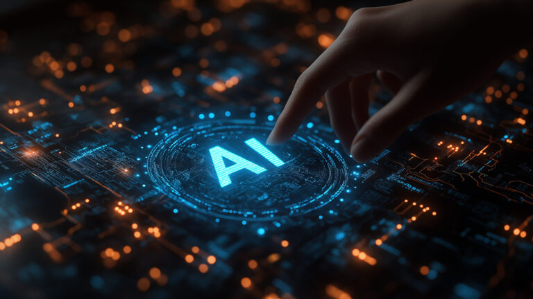 Main interagissant avec une interface d’intelligence artificielle sur fond de données numériques et circuits technologiques