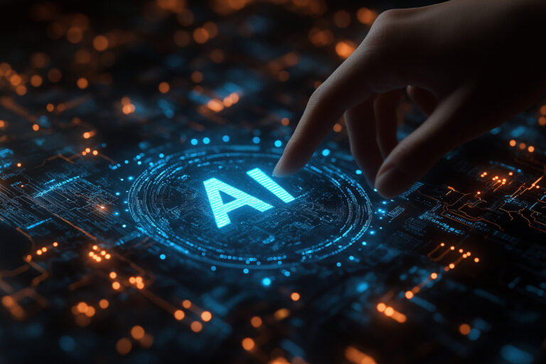 Main interagissant avec une interface d’intelligence artificielle sur fond de données numériques et circuits technologiques