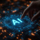 Main interagissant avec une interface d’intelligence artificielle sur fond de données numériques et circuits technologiques