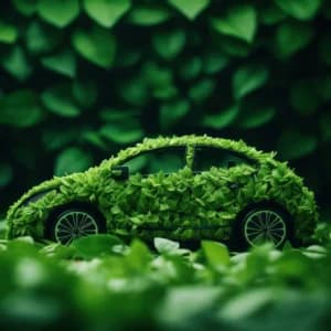 Illustration d'une voiture recouverte de végétation symbolisant le verdissement des flottes et la mobilité durable en entreprise.